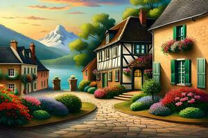 a painting of a village street with flowers and flowers. AI-Generated photo