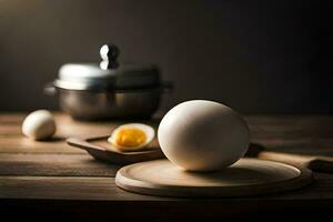 an egg on a wooden cutting board. AI-Generated photo
