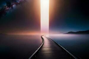 a long bridge leading to a light at the end of the world. AI-Generated photo