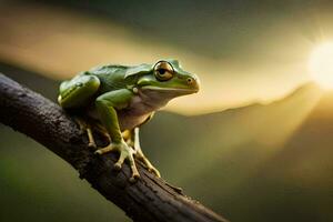 a frog sitting on a branch with the sun in the background. AI-Generated photo