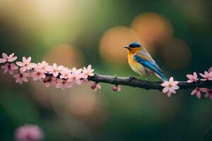 photo wallpaper bird, the flowers, the tree, the bird, the flowers, the tree,. AI-Generated