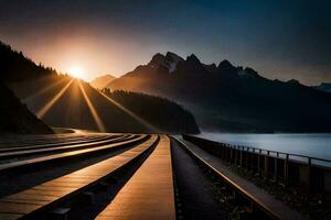the sun is setting over a lake and railroad tracks. AI-Generated photo
