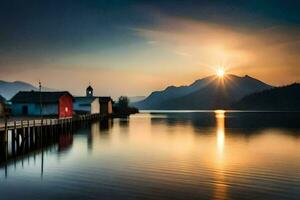 a lake and a dock with a red house in the background. AI-Generated photo