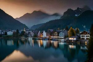 photo wallpaper the sky, mountains, lake, town, house, mountains, lake, house,. AI-Generated