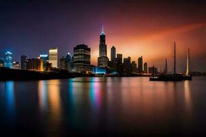 el chicago horizonte a noche. generado por ai foto