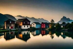 vistoso casas en el apuntalar de un lago a puesta de sol. generado por ai foto