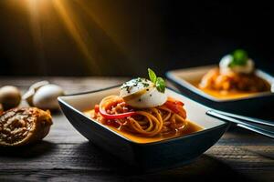 spaghetti with tomato sauce and cheese in a bowl. AI-Generated photo
