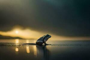 un rana sentado en el playa a puesta de sol. generado por ai foto