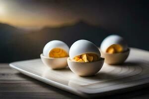 three eggs in a wooden bowl with a mountain in the background. AI-Generated photo