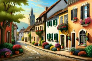 a painting of a street with flowers and houses. AI-Generated photo