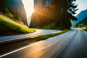 a car driving down a road with the sun shining. AI-Generated photo