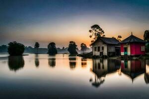 a house on the water at sunrise. AI-Generated photo