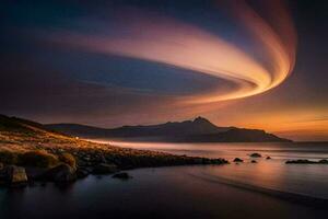 un largo exposición fotografía de un nube terminado el océano. generado por ai foto