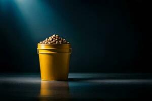 a bucket of peanuts on a dark table. AI-Generated photo