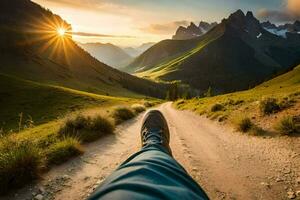 a person's feet on a dirt road in the mountains. AI-Generated photo