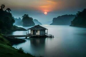 a small hut sits on the shore of a lake at sunset. AI-Generated photo