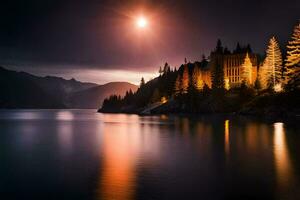 a castle sits on the shore of a lake at night. AI-Generated photo