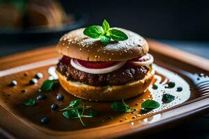 a hamburger with onions and pickles on a brown plate. AI-Generated photo
