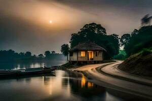a house on the water with a boat in the background. AI-Generated photo