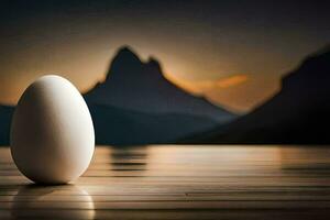 an egg sitting on a wooden floor with mountains in the background. AI-Generated photo