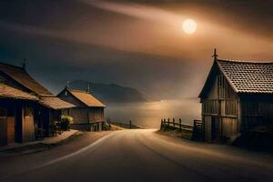 photo wallpaper the sky, road, houses, the sea, the moon, the road, the. AI-Generated