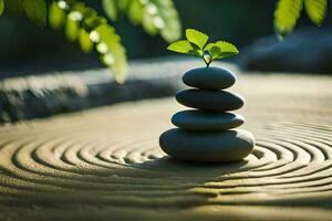 a stack of stones with a plant growing on top. AI-Generated photo