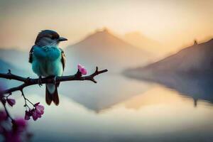 a bird sits on a branch near a lake. AI-Generated photo