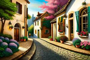 an illustration of a street with flowers and trees. AI-Generated photo