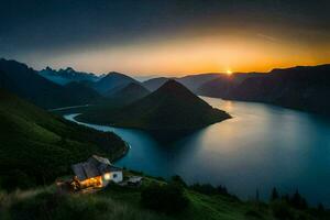 el casa en el lago. generado por ai foto