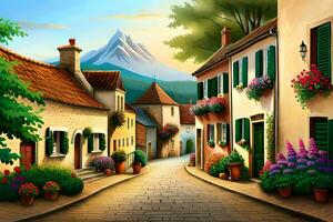 a painting of a street in the village. AI-Generated photo