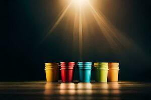 colorful cups on a dark table with a bright light shining down. AI-Generated photo