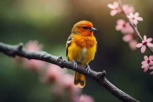 a small orange bird sits on a branch with pink flowers. AI-Generated photo