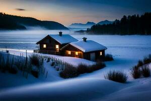 a cabin in the snow at sunset. AI-Generated photo