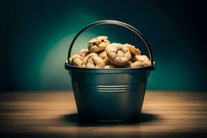 a bucket filled with cookies on a wooden table. AI-Generated photo