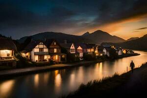 photo wallpaper the sky, water, mountains, river, house, river, sunset, german. AI-Generated