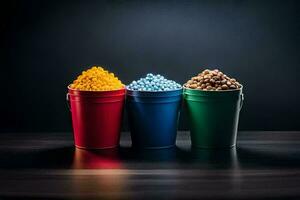 three buckets of colored popcorn on a dark background. AI-Generated photo