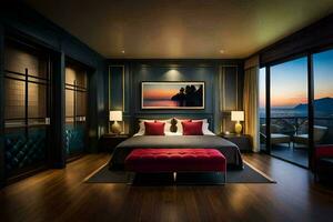 a bedroom with a large bed and a view of the ocean. AI-Generated photo