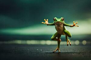 a frog jumping on the ground with its arms outstretched. AI-Generated photo