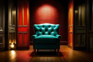 a blue chair in a room with red walls. AI-Generated photo