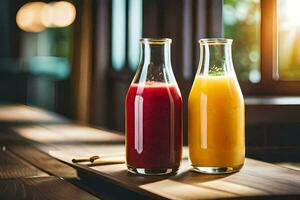 dos botellas de jugo sentado en un mesa. generado por ai foto