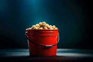 a red bucket filled with peanuts on a dark background. AI-Generated photo