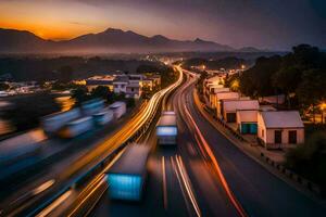 un largo exposición fotografía de un autopista a oscuridad. generado por ai foto