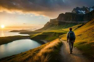 un hombre camina a lo largo un camino en el montañas a puesta de sol. generado por ai foto