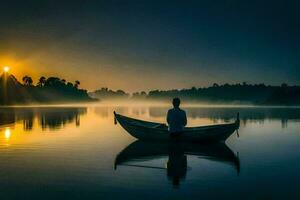 a man in a boat on a lake at sunrise. AI-Generated photo