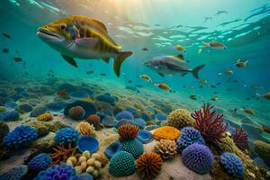 submarino escena con pescado y corales generado por ai foto