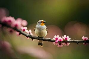 a bird sits on a branch with pink flowers. AI-Generated photo