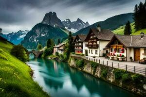 a river runs through a village in the mountains. AI-Generated photo