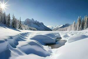 snow covered mountains and a stream in the middle of a snowy field. AI-Generated photo