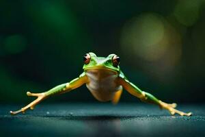 a frog is jumping on the ground. AI-Generated photo