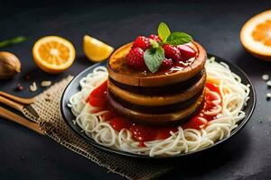 a stack of pancakes with sauce and noodles. AI-Generated photo